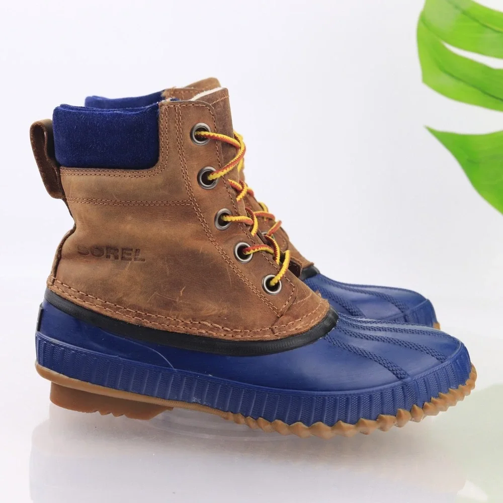 Sorel Womens Cheyanne Duck Boots Size 7 Waterproof Blue Brown Leather Lace Up